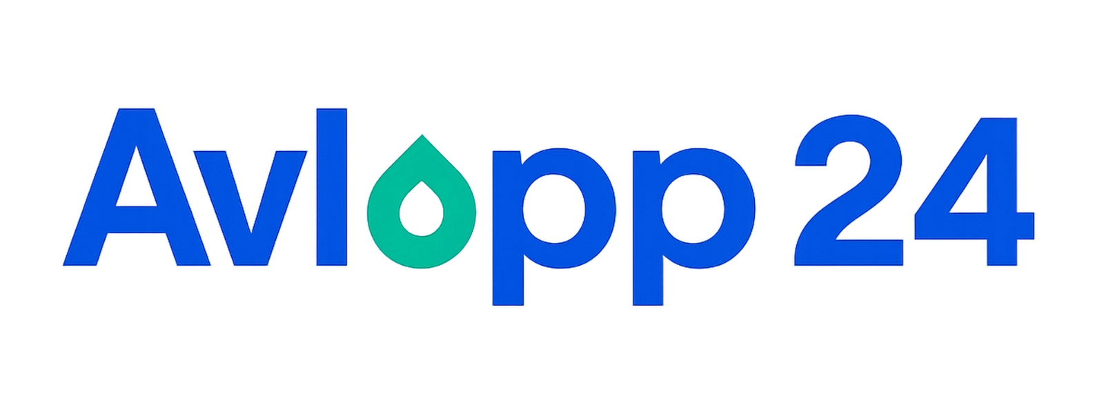 Logotyp för Avlopp 24, med texten 'Avlopp' i blått där 'o' är en grön vattendroppe, följt av de blå siffrorna '24' på svart bakgrund.