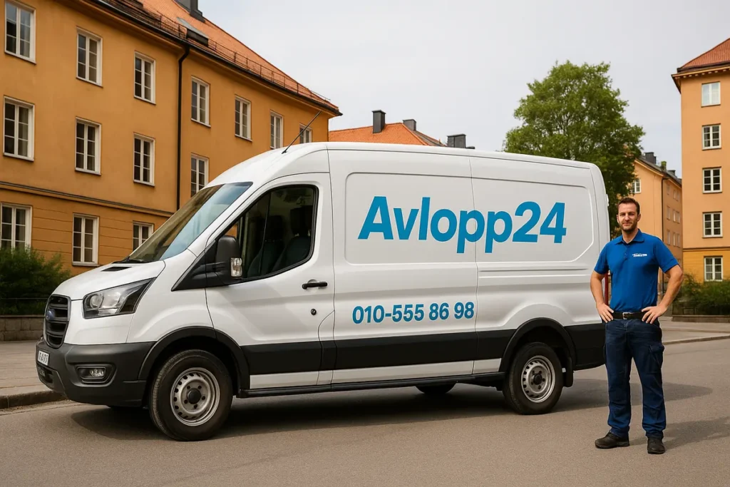 En vit servicebil från Avlopp24 parkerad på gatan i Stockholm med en medarbetare i blå pikétröja stående bredvid – redo att hjälpa vid stopp i avlopp Stockholm.