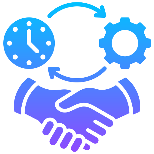 En illustration som visar en handskakning, en klocka och ett kugghjul, sammanlänkade av pilar i en cykel, symboliserande effektivitet och samarbete.