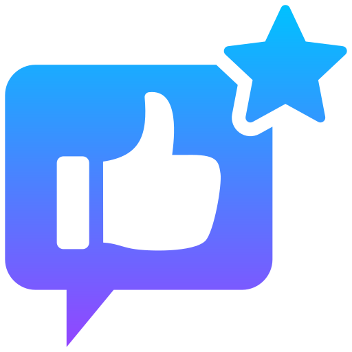 En blå och lila ikon föreställande en pratbubbla med en tumme upp-gest, samt en stjärna i övre högra hörnet.