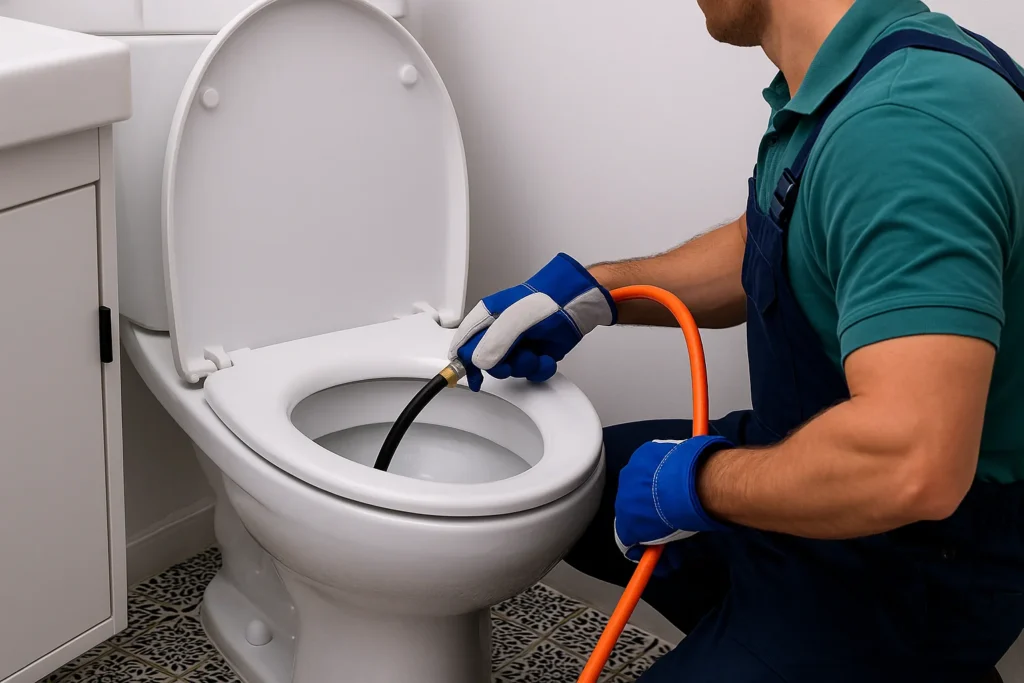 En hantverkare med skyddshandskar rensar en toalett med en slang. Högtrycksspolning Stockholm och Rörinspektion Stockholm – snabb och professionell avloppsrensning i området.