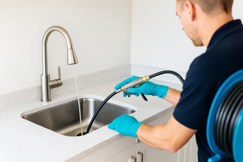 En tekniker i blå handskar använder en högtrycksslang för att rensa avloppet i en köksvask. Vatten rinner från kranen och en blå slangvinda syns delvis. Bilden representerar tjänster från Spolbil Stockholm.