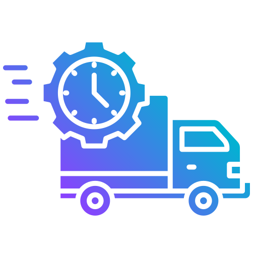 Ikon som visar en lastbil med ett kugghjul och en klocka, samt hastighetslinjer, vilket symboliserar snabb och effektiv service eller leverans.