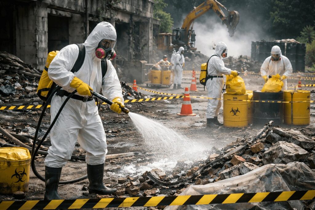 En servicetekniker klädd i arbetskläder och handskar lutar sig över en avloppsbrunn och utför stamspolning Stockholm med specialverktyg för professionell rörrensning.