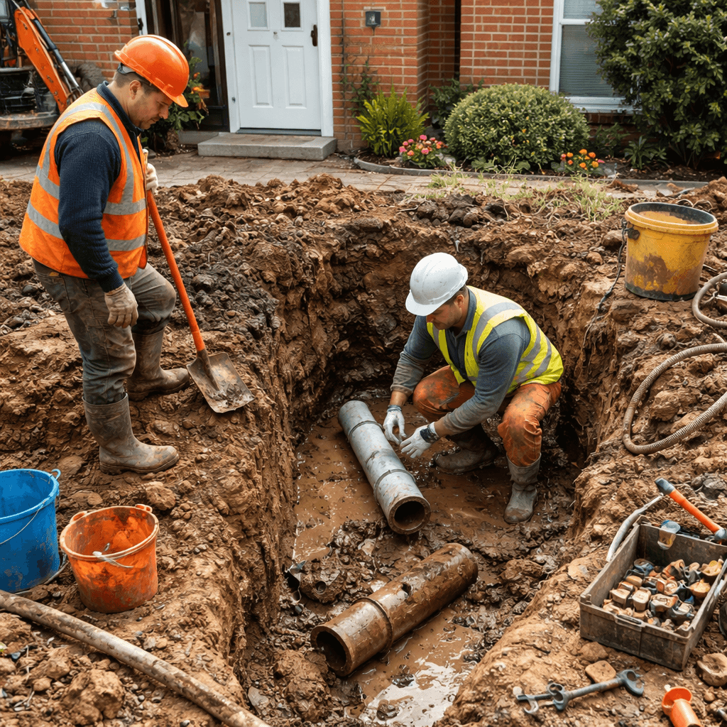 Två rörläggare i säkerhetsvästar och hjälmar arbetar med att installera eller reparera avloppsrör i en djupt grävd grop framför en villa i Stockholm. En rörläggare står vid gropkanten med en spade medan den andra arbetar med rör nere i den leriga gropen.