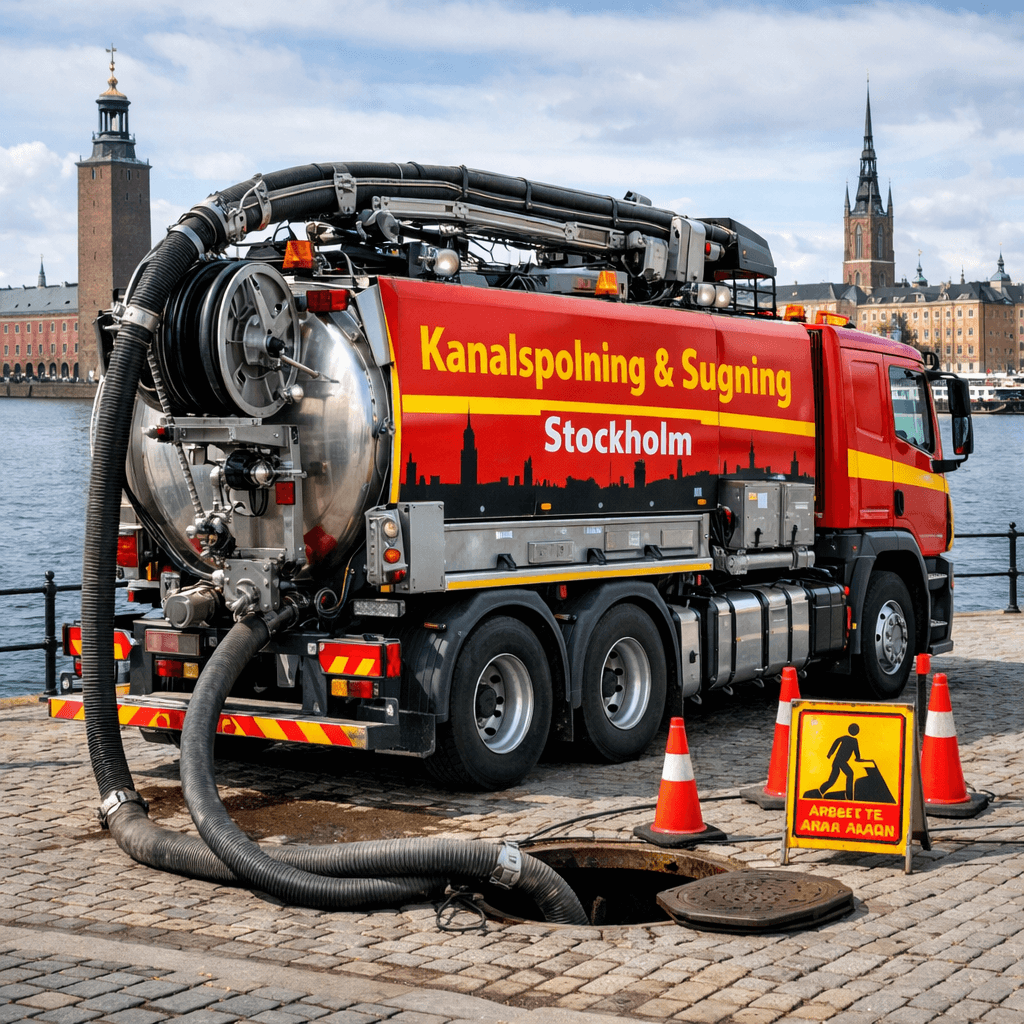 En röd spolbil från Stockholm, märkt 'Kanalspolning & Sugning', står vid en öppen brunn på kullersten med Stadshuset och Riddarholmskyrkan i bakgrunden. Slangar leder ner i brunnen, omgiven av trafikkoner och en varningsskylt.